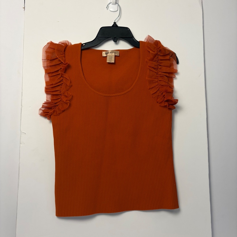 Bailey 44 Womens Burnt Orange Ribbed Knit Tulle Ruffle Shoulder Top Size Medium